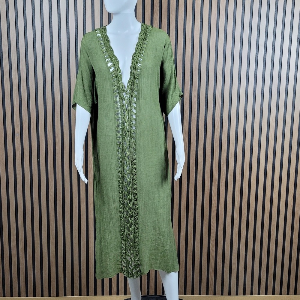 Olive Green Swim Coverup Crochet Lace Trim V-Neck Midi 0XL - Picture 1 of 8